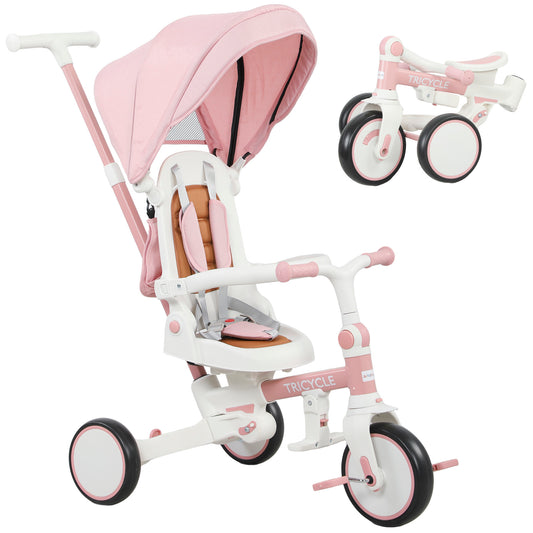 Photo of AIYAPLAY 5 in 1 Kids Trike with Adjustable Backrest, Toddler Tricycle with Push Handlebar, Adjustable Backrest, Pink in Pink colour on a white background