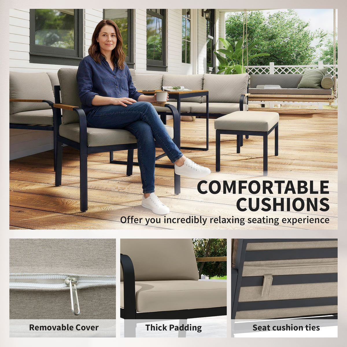 Outsunny 7 Seater Garden Furniture Set, Metal Garden Sofa Set with Cushions, Outdoor Furniture Conversation Sets, Khaki