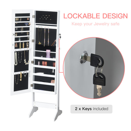 White standing jewelry cabinet with open organizer, lock, and keys
