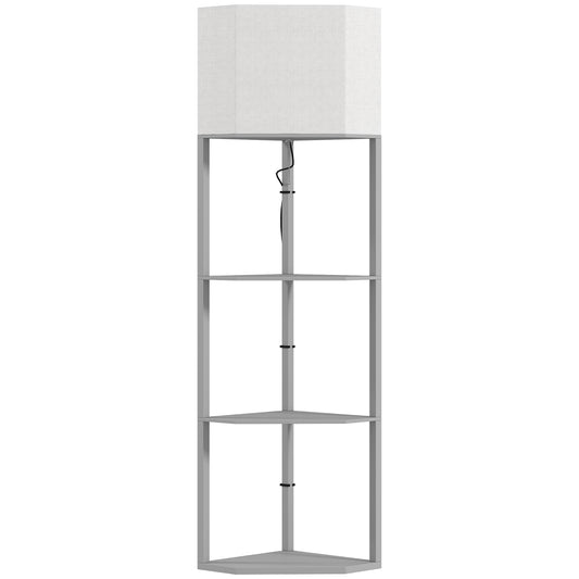 Photo of HOMCOM Corner Floor Lamp with Shelves, Tall Standing Lamps for Living Room, with Pull Chain Switch Bulb not Included, Grey in Grey colour on a white background