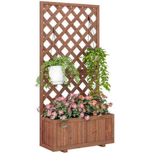 Photo of Outsunny 72.5 x 31.5 x 149.5 cm 45L Garden Wooden Pine Trough Planter with Topped Trellis Climbing Plants Flower Raised Bed, Orange in Orange colour on a white background