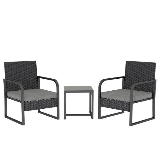 Photo of Outsunny Rattan Bistro Set, 3 Piece Garden Furniture Set with Cushions and Glass Top Table, Black in Black colour on a white background
