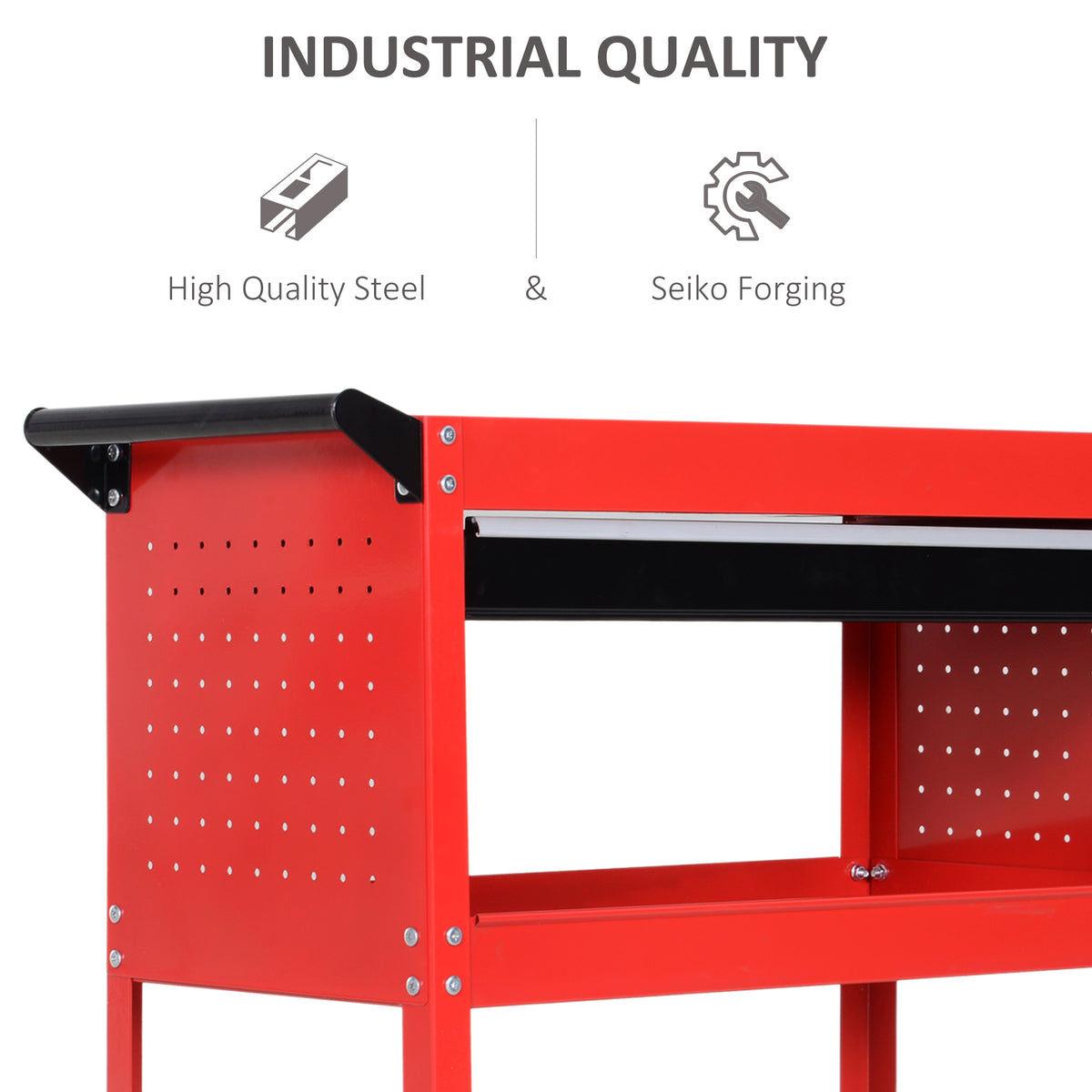 Close-up of the red steel trolley's perforated side, handle and upper shelf