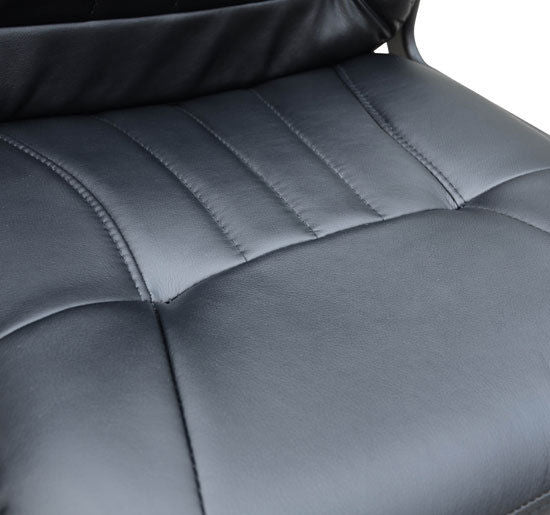 Close-up of the black PU leather office chair seat with stitched panels