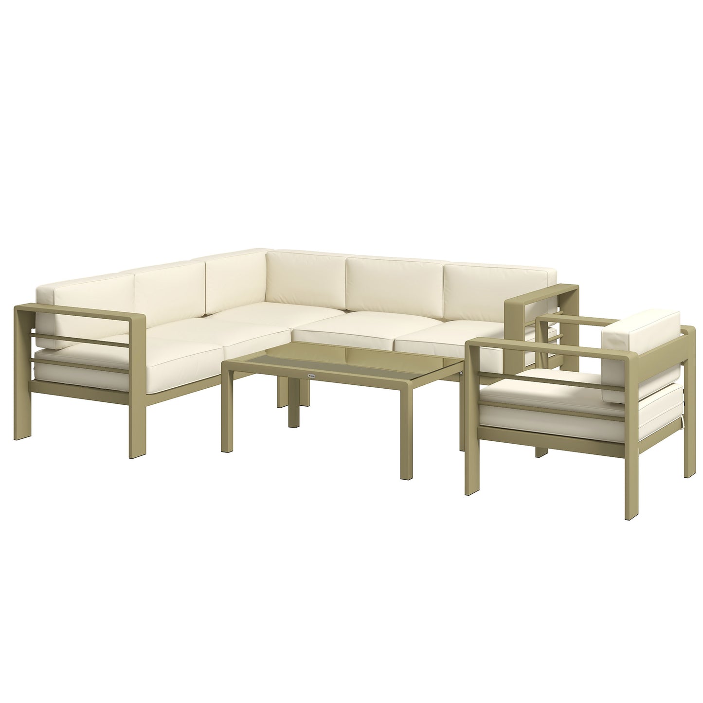 Photo of Outsunny 5-Piece Garden Corner Sofa Set with Cushions, 6 Seater Aluminium Garden Furniture Set with Glass Top Coffee Table, Patio Sectional Conservatory Furniture for Patio & Terrace, Gold Tone in Tone colour on a white background