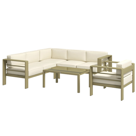 Photo of Outsunny 5-Piece Garden Corner Sofa Set with Cushions, 6 Seater Aluminium Garden Furniture Set with Glass Top Coffee Table, Patio Sectional Conservatory Furniture for Patio & Terrace, Gold Tone in Tone colour on a white background