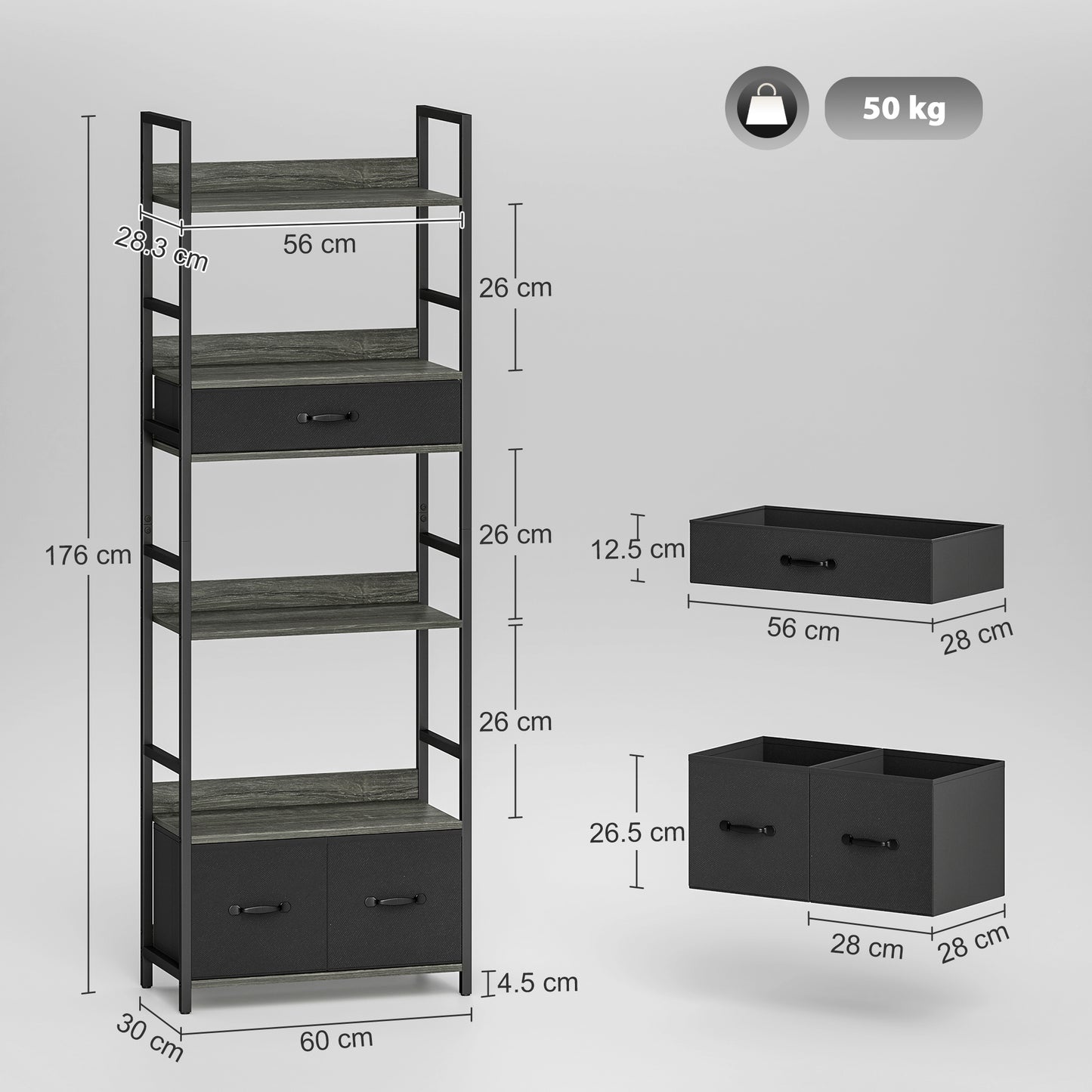 HOMCOM Industrial Style Bookcase, with 4 Shelves and 3 Fabric Drawers - Grey/Black