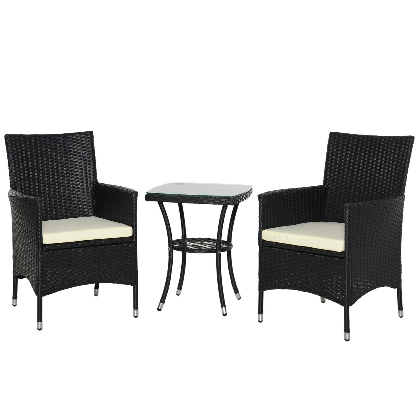 Photo of Outsunny 3 Pieces Rattan Bistro Set, Wicker Garden Furniture Set with 2-Tier Coffee Table and Chairs, Cushions, for Outdoor Patio Balcony, Black in Black colour on a white background