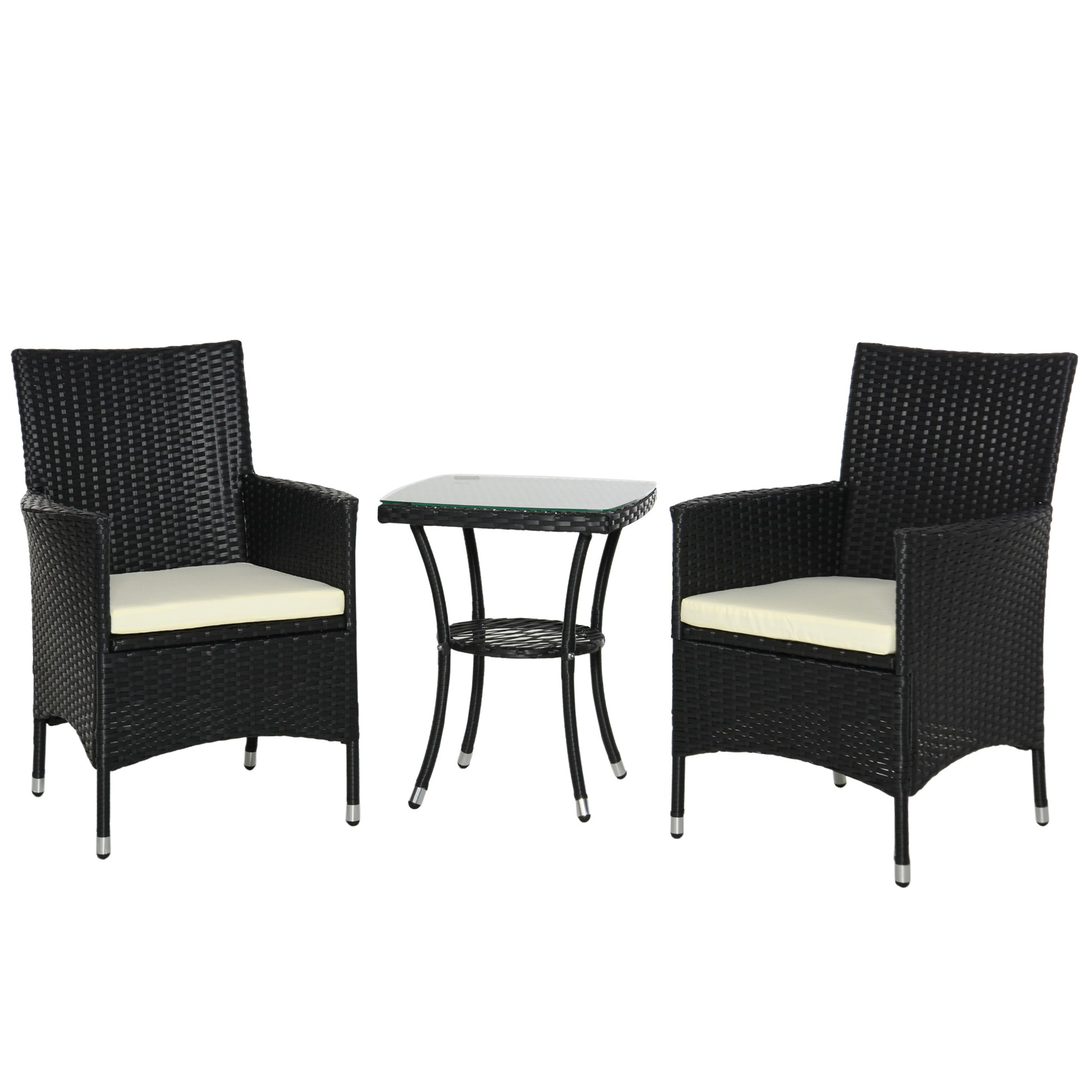 Photo of Outsunny 3 Pieces Rattan Bistro Set, Wicker Garden Furniture Set with 2-Tier Coffee Table and Chairs, Cushions, for Outdoor Patio Balcony, Black in Black colour on a white background