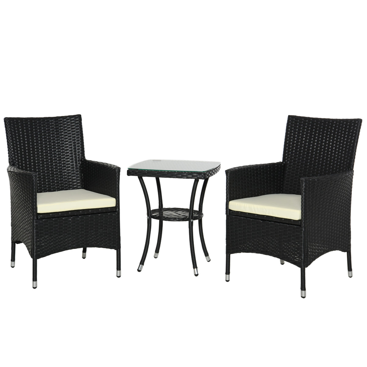 Photo of Outsunny 3 Pieces Rattan Bistro Set, Wicker Garden Furniture Set with 2-Tier Coffee Table and Chairs, Cushions, for Outdoor Patio Balcony, Black in Black colour on a white background