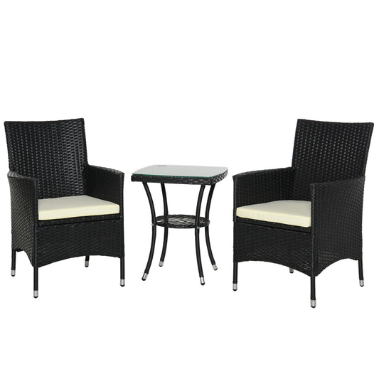 Photo of Outsunny 3 Pieces Rattan Bistro Set, Wicker Garden Furniture Set with 2-Tier Coffee Table and Chairs, Cushions, for Outdoor Patio Balcony, Black in Black colour on a white background