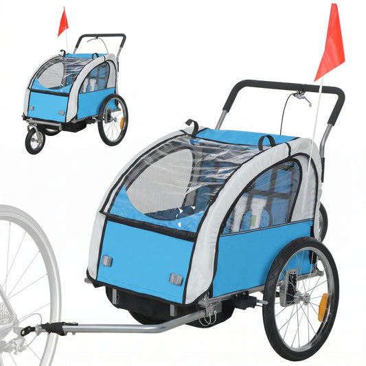 Photo of HOMCOM 2 Seat Bike Trailer with 5 Point Harness, Baby Bike Stroller with Safety Flag, Reflectors, for 18+ Months, Blue in Blue colour on a white background