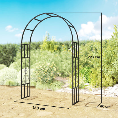 Black metal garden arch with rounded top, shown with 223 cm height, 150 cm width and 40 cm depth