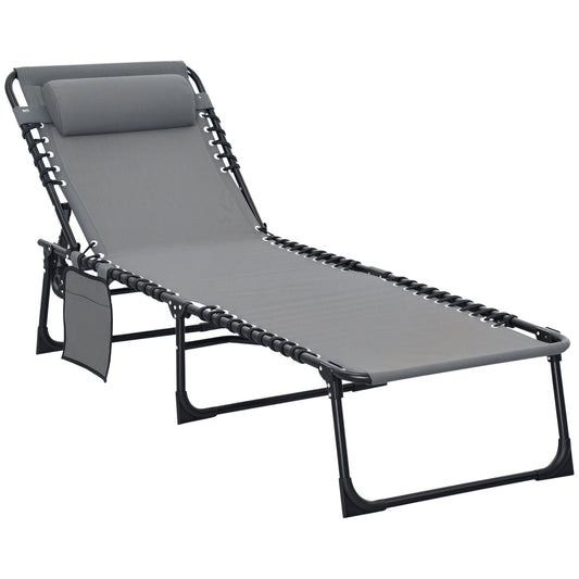 Photo of Outsunny Portable Sun Lounger, Folding Camping Bed Cot, Reclining Lounge Chair 5-position Adjustable Backrest with Side Pocket, Pillow for Patio Garden Beach Pool, Grey in Grey colour on a white background
