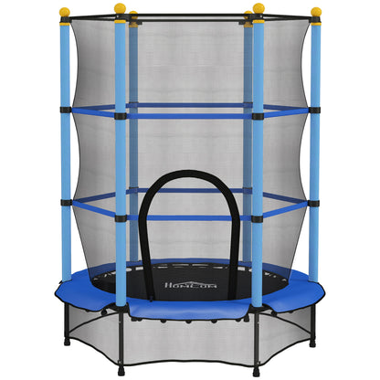 Blue kids trampoline with tall mesh enclosure, padded poles, entry flap, and bottom safety net
