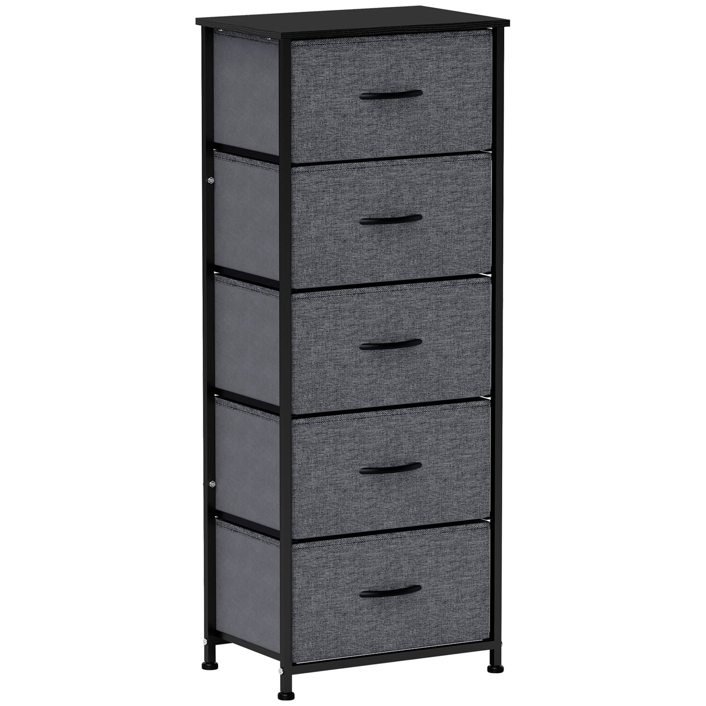Photo of HOMCOM Fabric Chest of Drawers, Industrial Bedroom Dresser with 5 Fabric Drawers, Steel Frame and Wooden Top for Nursery, Living Room, Hallway, Dark Grey in Grey colour on a white background