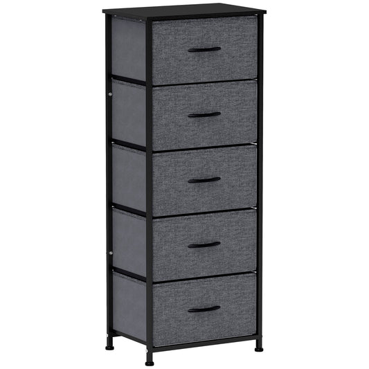 Photo of HOMCOM Fabric Chest of Drawers, Industrial Bedroom Dresser with 5 Fabric Drawers, Steel Frame and Wooden Top for Nursery, Living Room, Hallway, Dark Grey in Grey colour on a white background