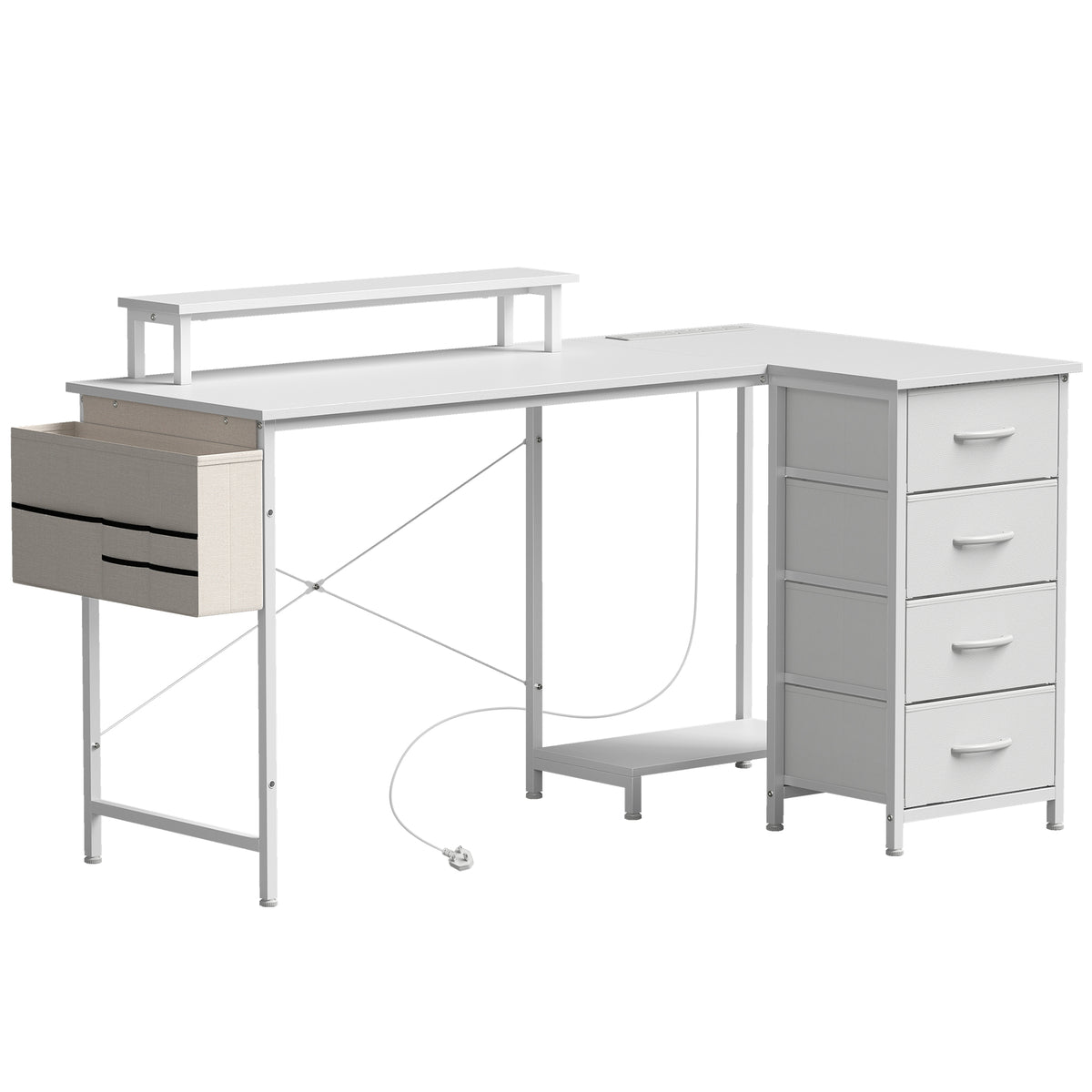 Photo of HOMCOM L Shaped Gaming Desk Reversible Power Outlets Corner Desk Storage Drawers Monitor Shelf 150 cm White in White colour on a white background