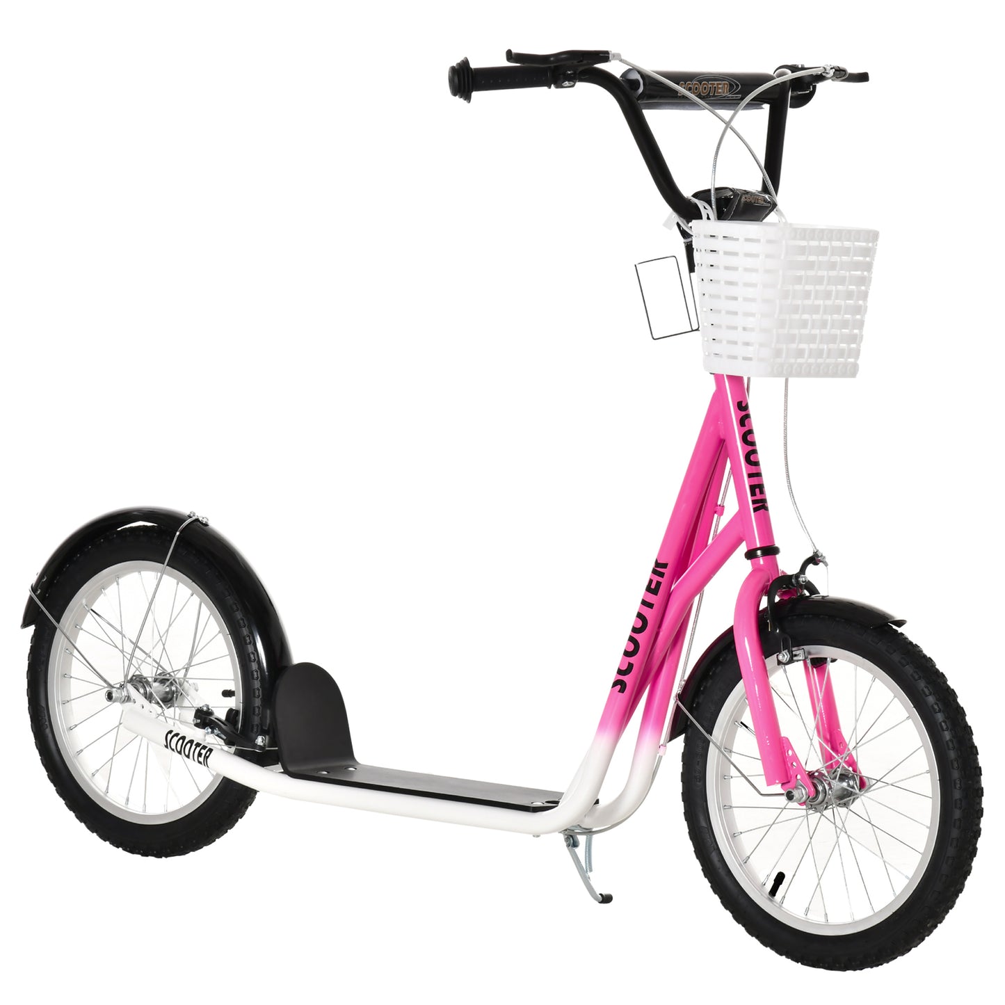 Photo of HOMCOM Kids Scooter, Kick Stunt Scooter with Adjustable Handlebar, Dual Brakes, Basket, Cupholder, Mudguard, 16" Inflatable Rubber Wheels, for 5-12 years, Pink in Pink colour on a white background