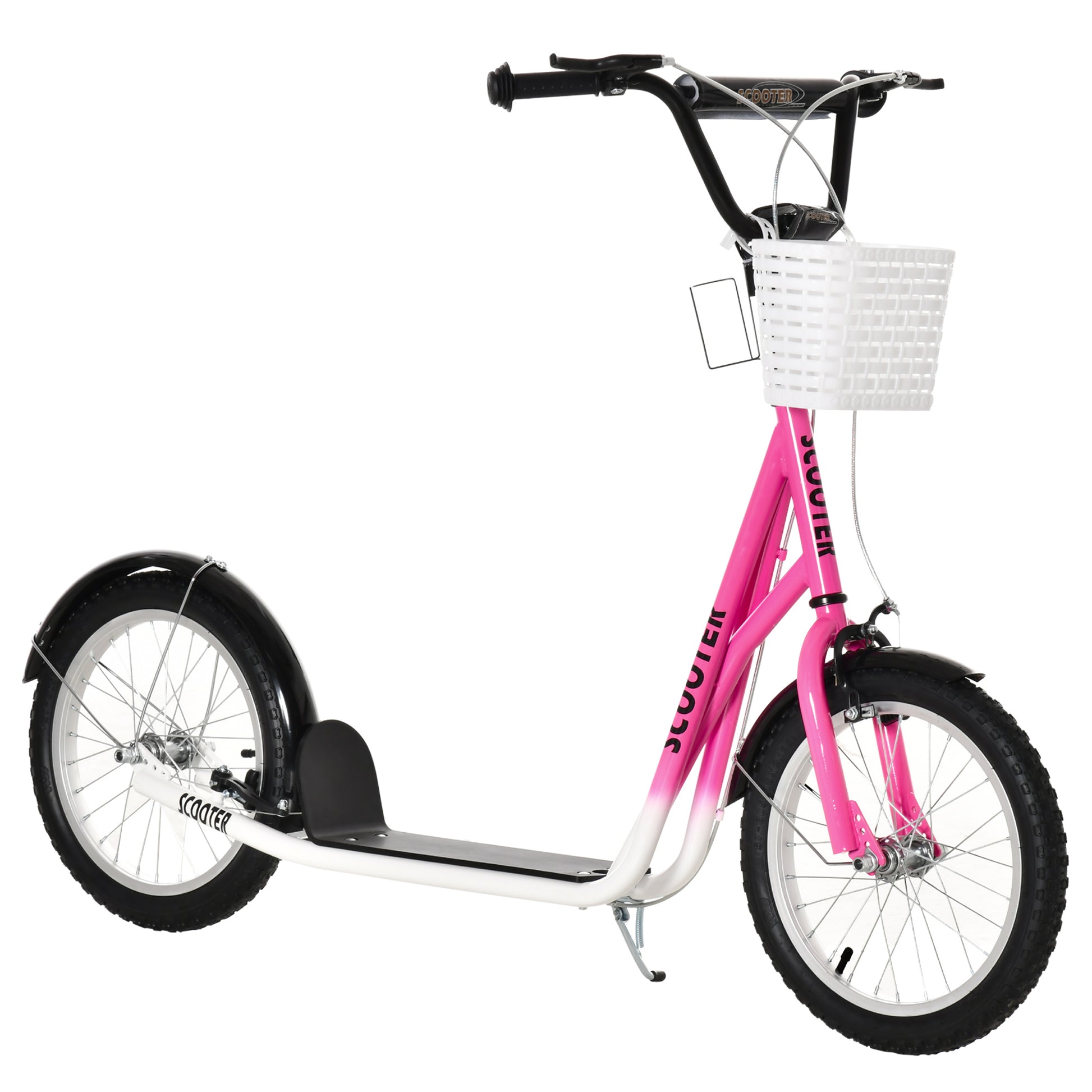 Photo of HOMCOM Kids Scooter, Kick Stunt Scooter with Adjustable Handlebar, Dual Brakes, Basket, Cupholder, Mudguard, 16" Inflatable Rubber Wheels, for 5-12 years, Pink in Pink colour on a white background