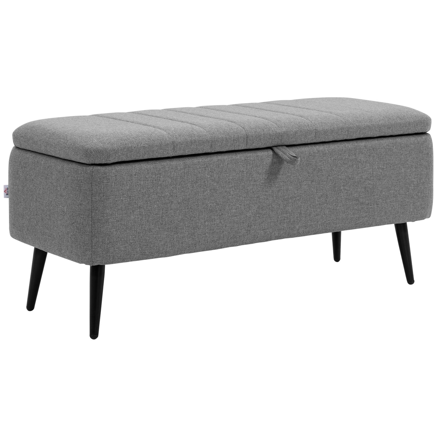Photo of HOMCOM Storage Ottoman with Flip Top, Rectangular Upholstered Bench, Linen Look Fabric Footstool with Steel Legs for Living Room, Bedroom, Grey in Grey colour on a white background