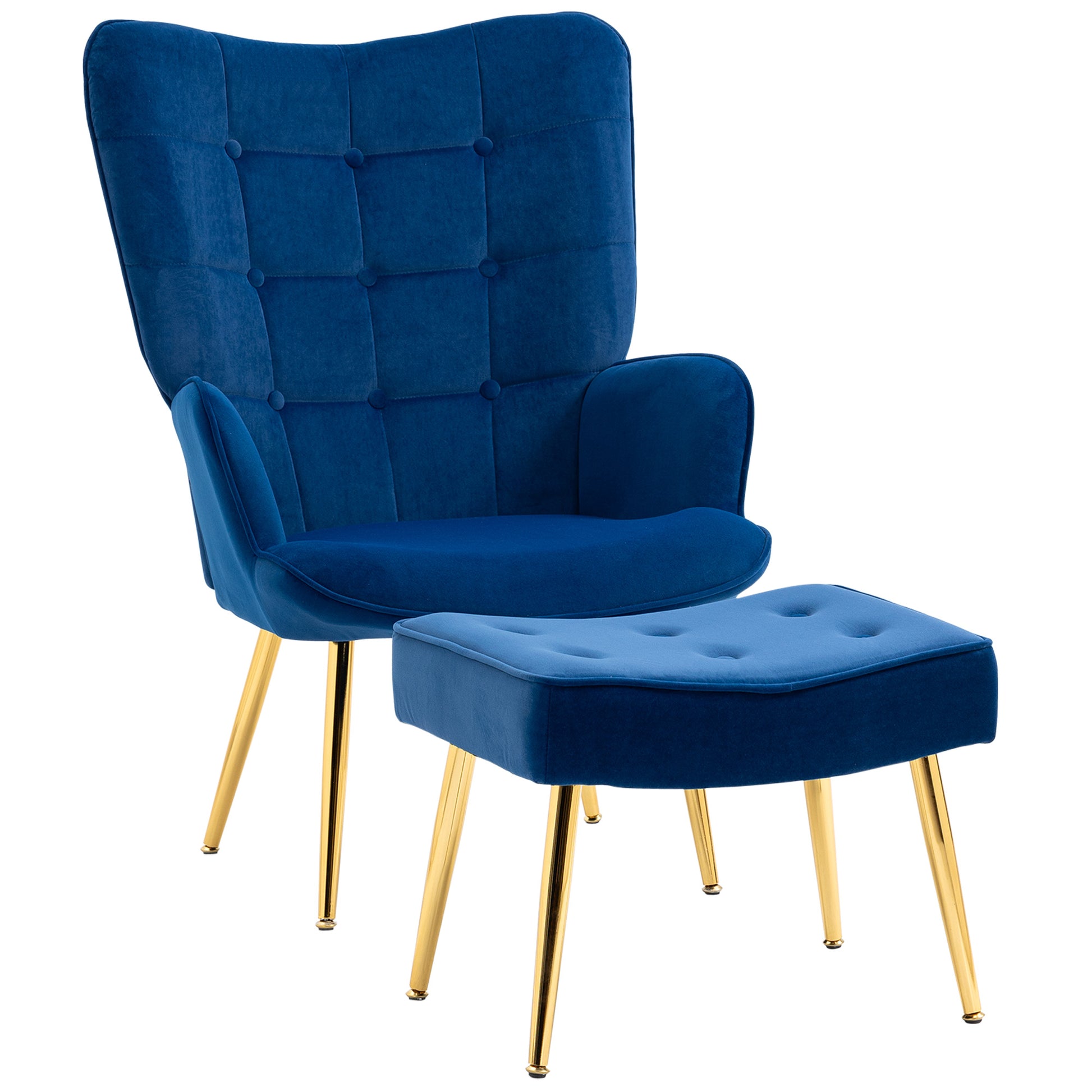 Photo of HOMCOM Modern Armchair with Footstool, Upholstered Accent Chair with Ottoman, Steel Legs, Velvet Wingback Chair for Living Room, Bedroom, Home Study, Dark Blue in Blue colour on a white background
