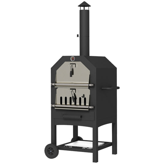 Photo of Outsunny Steel 3-Tier Outdoor Pizza Oven Charcoal BBQ Grill, Black in Black colour on a white background