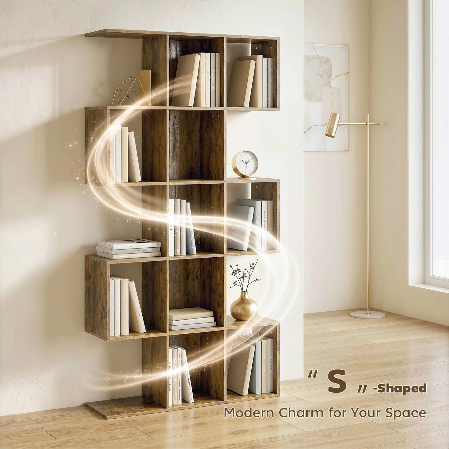 HOMCOM 5-Tier Bookshelf, S Shaped Geometric Bookcase with 15 Compartments, Rustic Brown
