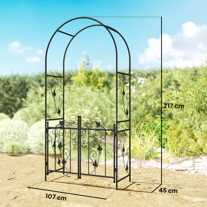 Outsunny black steel garden arch with gate, shown with dimensions of 107 by 45 by 217 cm