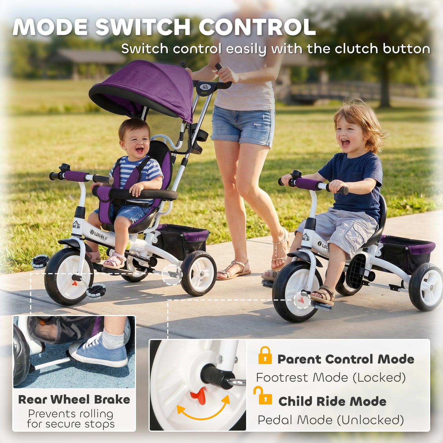 HOMCOM 6 in 1 Kids Trike Push Bike w/ Push Handle, Canopy, 5-point Seat Belt, Storage, Footrest, Brake, for 1-5 Years, Purple