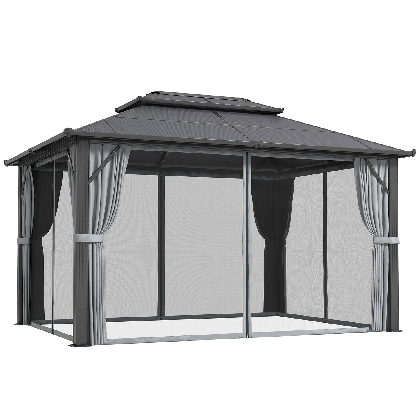 Photo of Outsunny 3 x 4m Hardtop Gazebo Canopy with UPF30+ Double Polycarbonate Roof, Aluminium Frame Garden Gazebo Permanent Pavilion with Mosquito Netting and Curtains for Patio, Deck, Grey in Grey colour on a white background