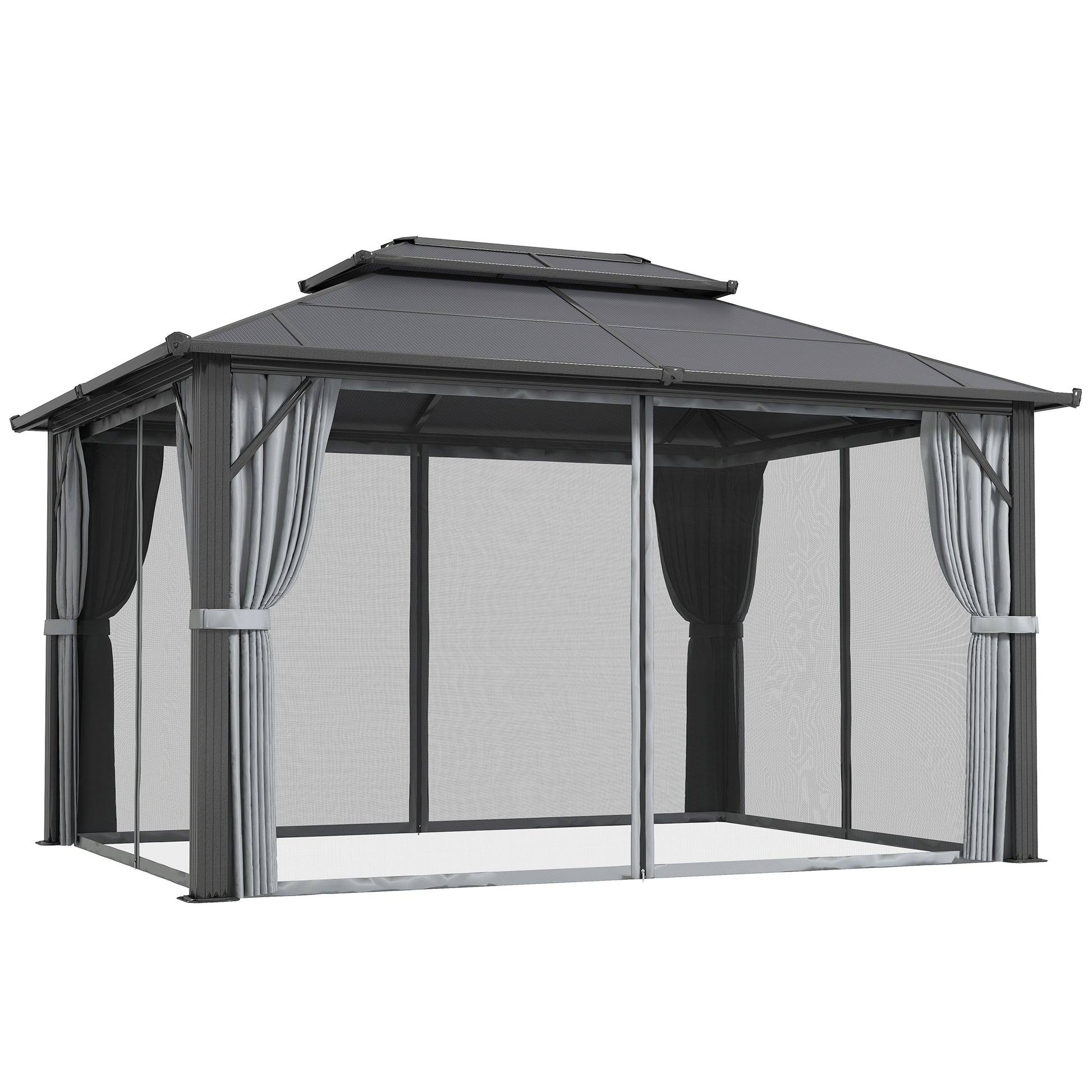 Photo of Outsunny 3 x 4m Hardtop Gazebo Canopy with UPF30+ Double Polycarbonate Roof, Aluminium Frame Garden Gazebo Permanent Pavilion with Mosquito Netting and Curtains for Patio, Deck, Grey in Grey colour on a white background