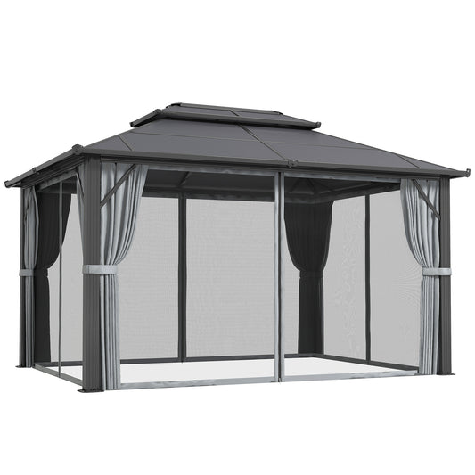 Photo of Outsunny 3 x 4m Hardtop Gazebo Canopy with UPF30+ Double Polycarbonate Roof, Aluminium Frame Garden Gazebo Permanent Pavilion with Mosquito Netting and Curtains for Patio, Deck, Grey in Grey colour on a white background