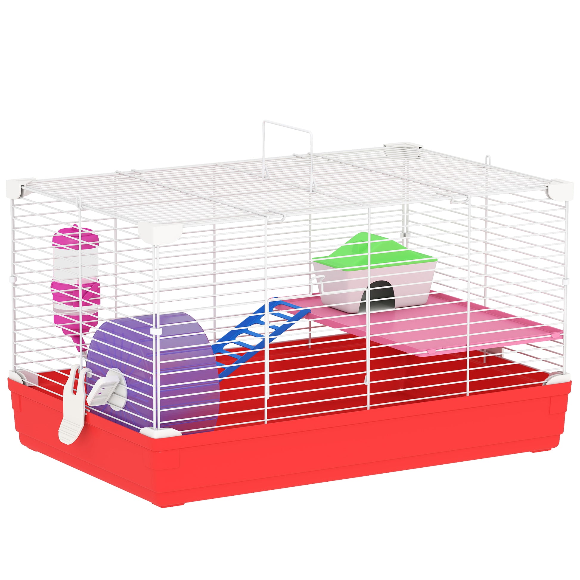 Photo of PawHut Hamster Cage, Small Gerbil Cage 2 Tiers Portable w/ Handle, Exercise Wheel, Water Bottle, Dishes in Dishes colour on a white background