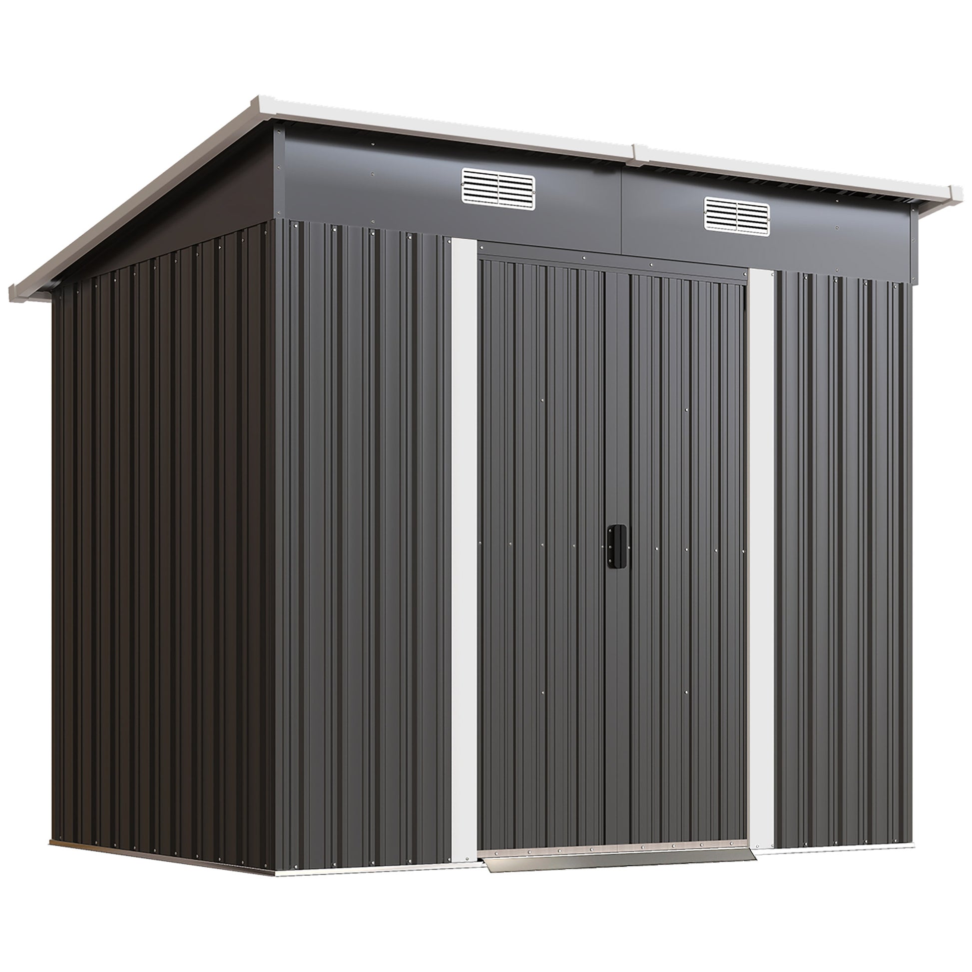 Photo of Outsunny 7 x 4ft Outdoor Storage Shed with Foundation Kit, Lean to Metal Garden Shed for Log, Rubbish Bin, Tool, Lawnmower, Bike, Patio and Lawn Use, Black in Black colour on a white background