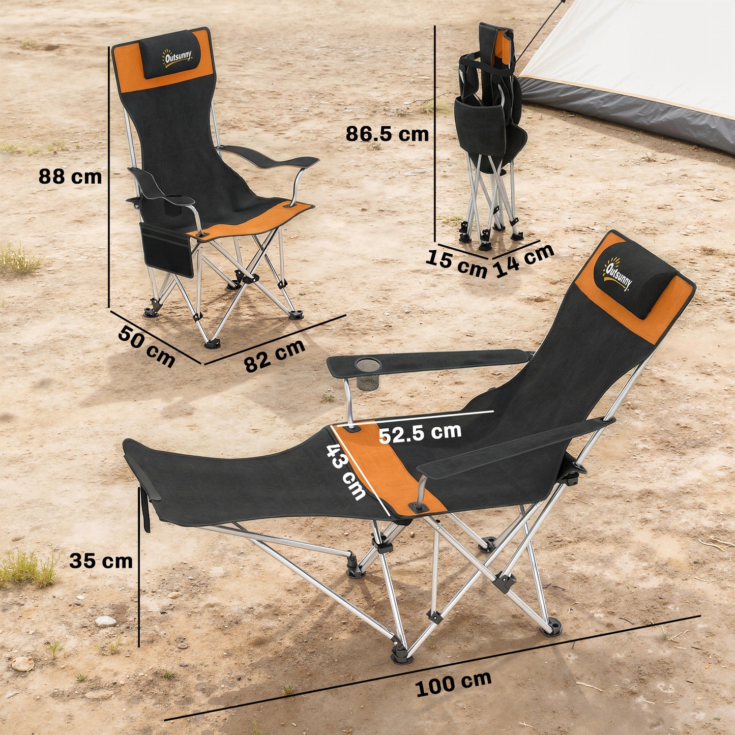 Outsunny Set of 2 Reclining Folding Camping Chair w/ Detachable Footrest, Storage Bag, Cup Holder & Headrest, Lightweight Portable Camp Chair for Beach, Picnic, Orange and Black