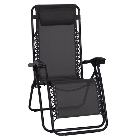 Photo of Outsunny Zero Gravity Chair Metal Frame Texteline Armchair Outdoor Folding and Reclining Sun Lounger with Head Pillow for Patio Decking Gardens Camping, Black in Black colour on a white background