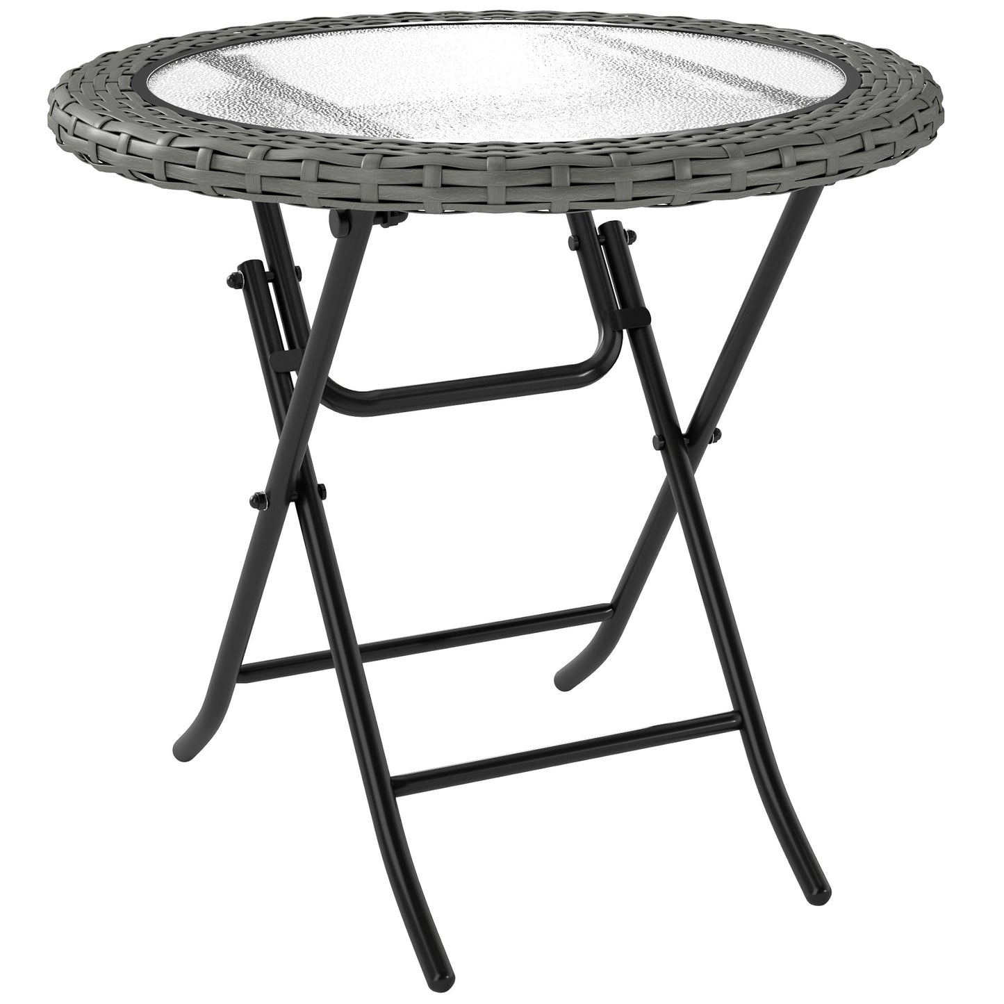 Photo of Outsunny Folding Rattan Garden Dining Table, 68 cm Round Rattan Garden Table with Water Ripple Tempered Glass Top, Wicker Edging  and Steel Frame for Outdoor, Patio, Grey in Grey colour on a white background