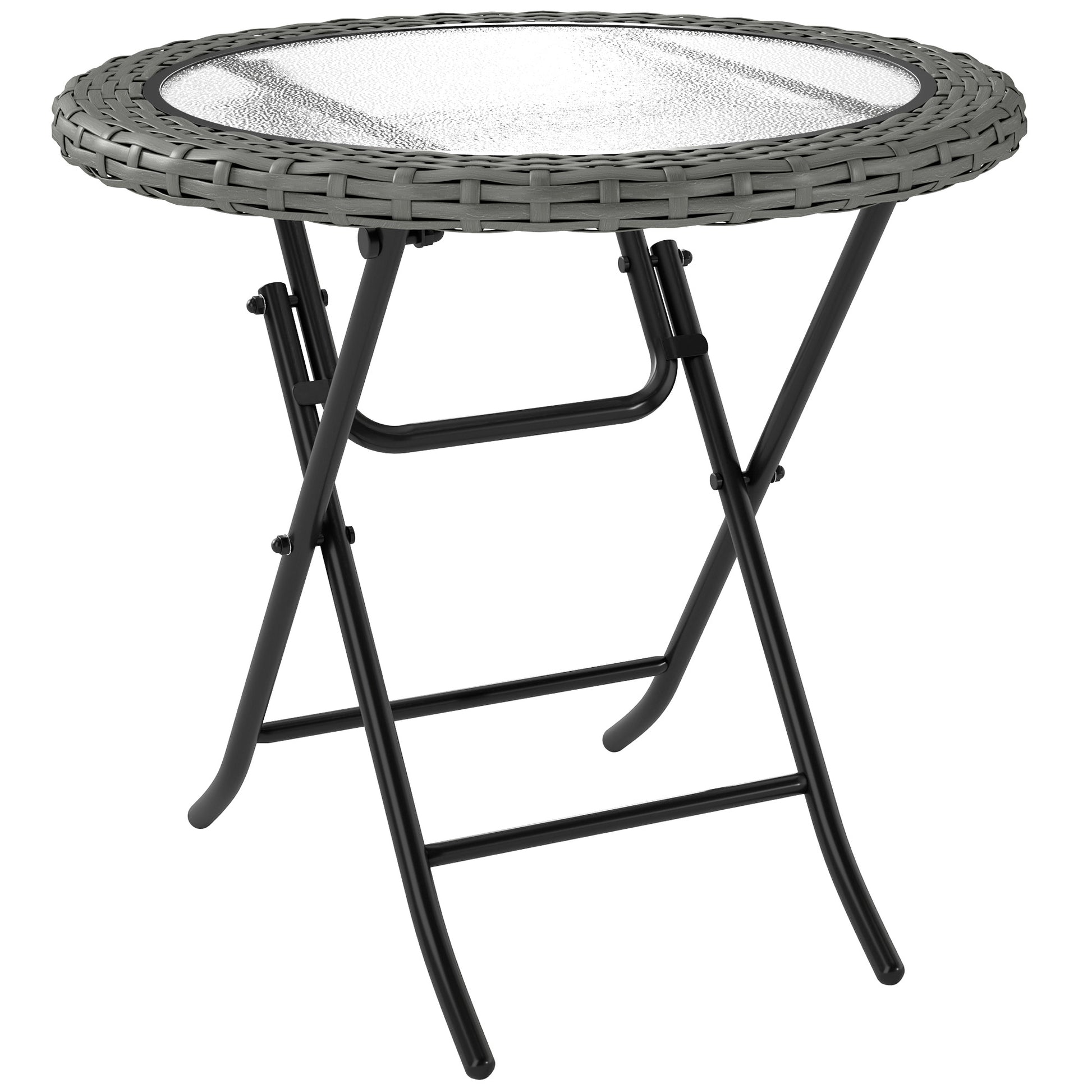 Photo of Outsunny Folding Rattan Garden Dining Table, 68 cm Round Rattan Garden Table with Water Ripple Tempered Glass Top, Wicker Edging  and Steel Frame for Outdoor, Patio, Grey in Grey colour on a white background