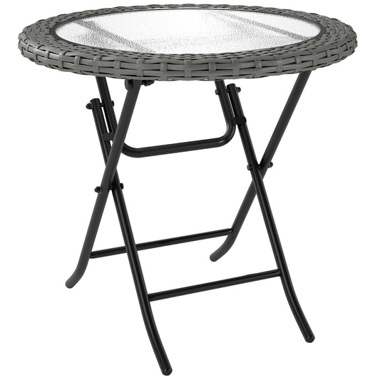Photo of Outsunny Folding Rattan Garden Dining Table, 68 cm Round Rattan Garden Table with Water Ripple Tempered Glass Top, Wicker Edging  and Steel Frame for Outdoor, Patio, Grey in Grey colour on a white background