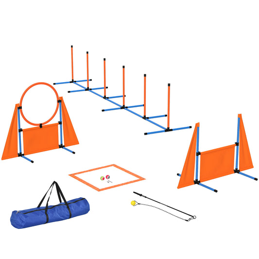 Photo of PawHut Seven-Piece Dog Agility Equipment Set with Weave Poles, Jump Ring, Hurdle, Pause Box, Carry Bag, Orange in Orange colour on a white background