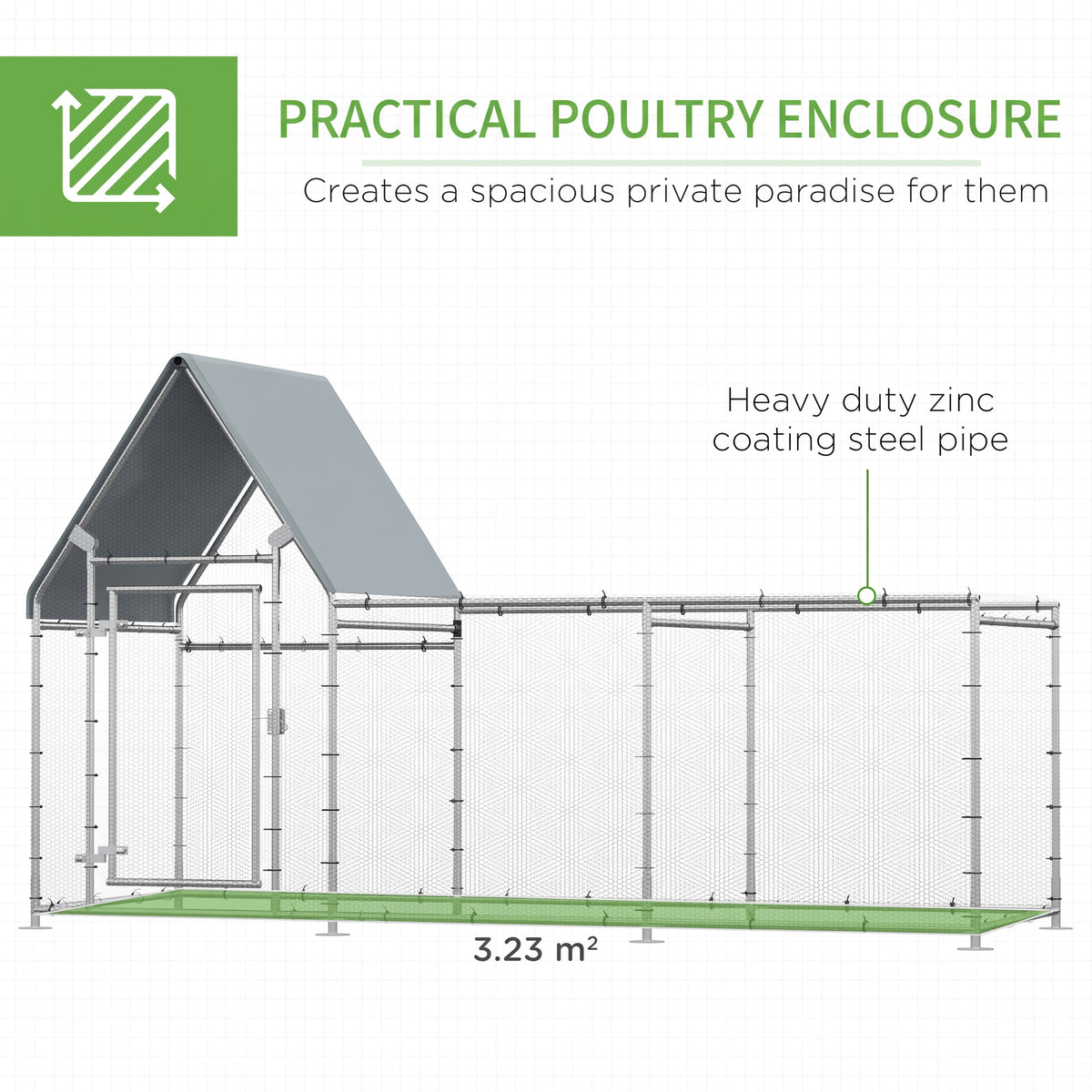 Chicken run with zinc-coated steel frame, mesh sides, and 3.23 square meter floor area