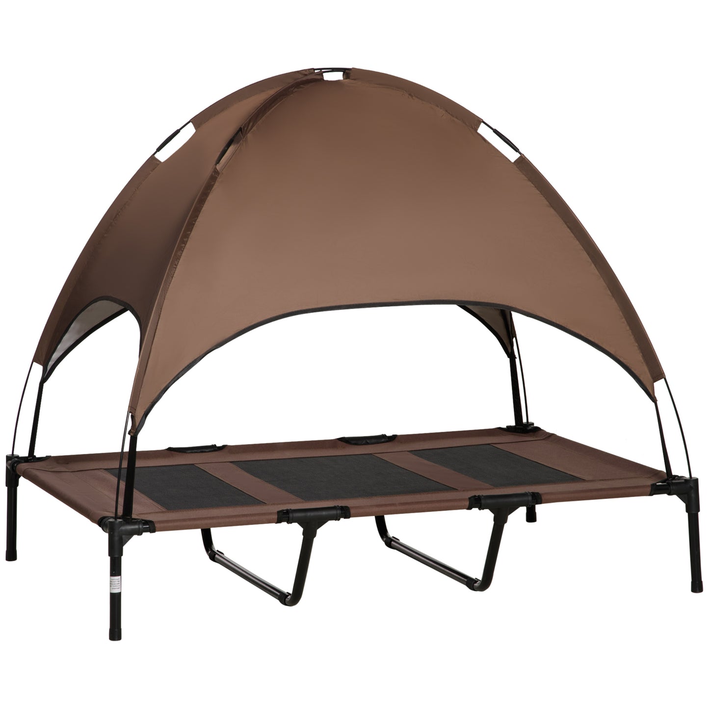 Photo of PawHut Outdoor Dog Bed with Removable Canopy, Portable Raised Dog Bed for Camping, Garden & Beach, Water-Resistant UV-Protection Mesh Pet Cot Sun Lounger, for XL Pets, 122 x 92 x 108 cm, Brown in Brown colour on a white background