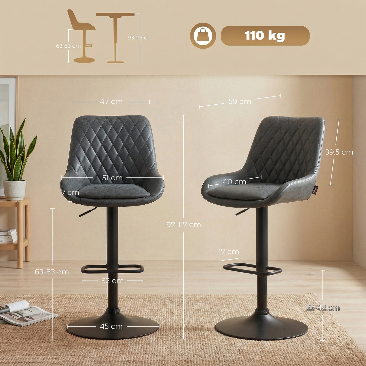 HOMCOM Set of Two Faux Leather Retro Bar Stools - Black