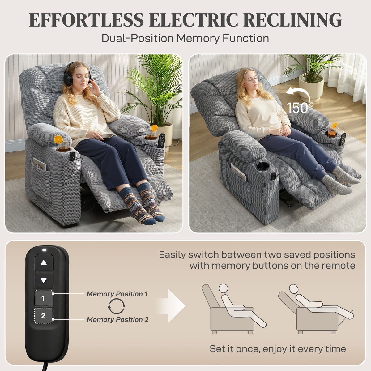 HOMCOM Recliner Armchair with Vibration Massage, Heat, Whisper-Quiet Motor, Memory Function, Power Reclining Chair, Dark Grey