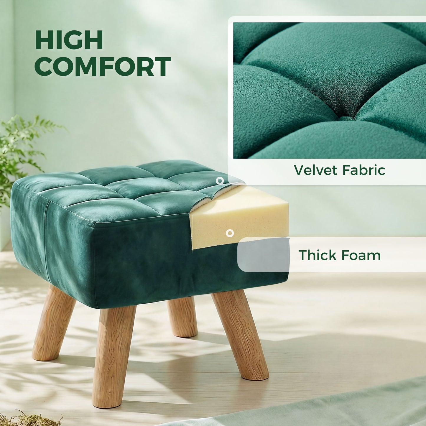 HOMCOM Velvet Square Padded Footstool - Dark Green