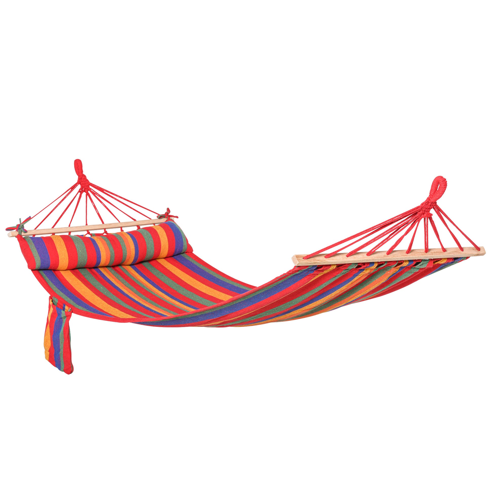 Photo of Outsunny Cotton Hammock, Soft Portable Swing Sleeping w/ Headrest & Side Pocket, Deluxe Swing Chair for Beach, Garden, Bedroom, Patio, Porch, Indoor, Outdoor, 270 x 80 cm, Rainbow Stripes in Stripes colour on a white background
