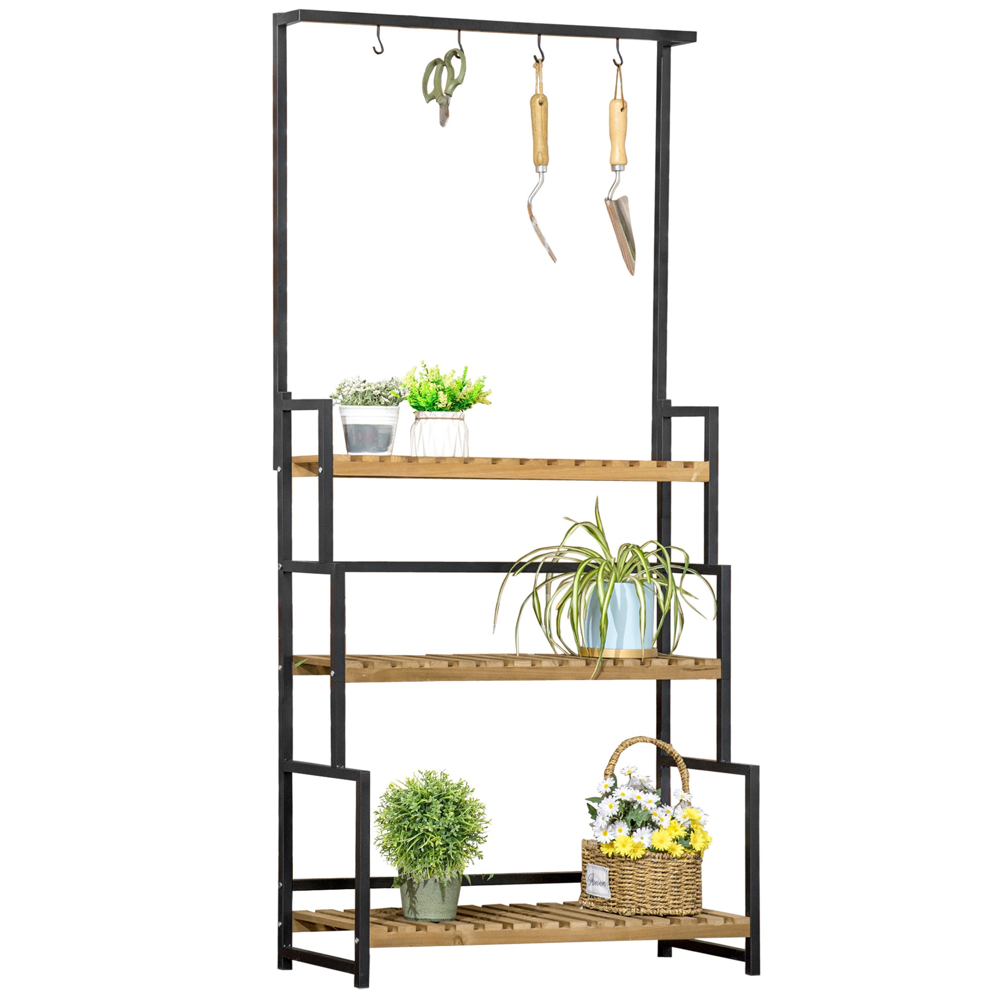 Photo of Outsunny 3 Tiered Plant Stand with Hanging Hooks, Flower Rack Shelf for Indoor Outdoor Porch Balcony Living Room Bedroom in Bedroom colour on a white background