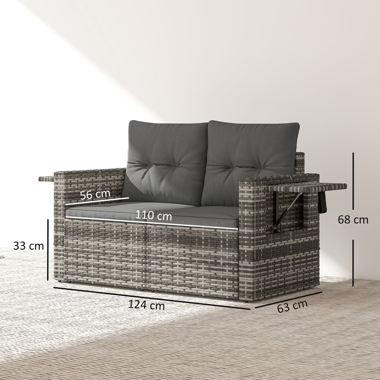 Outsunny 2 Seater Rattan Garden Sofa Outdoor Loveseat with Hidden Side Trays and Cushions for Patio Balcony, Dark Grey