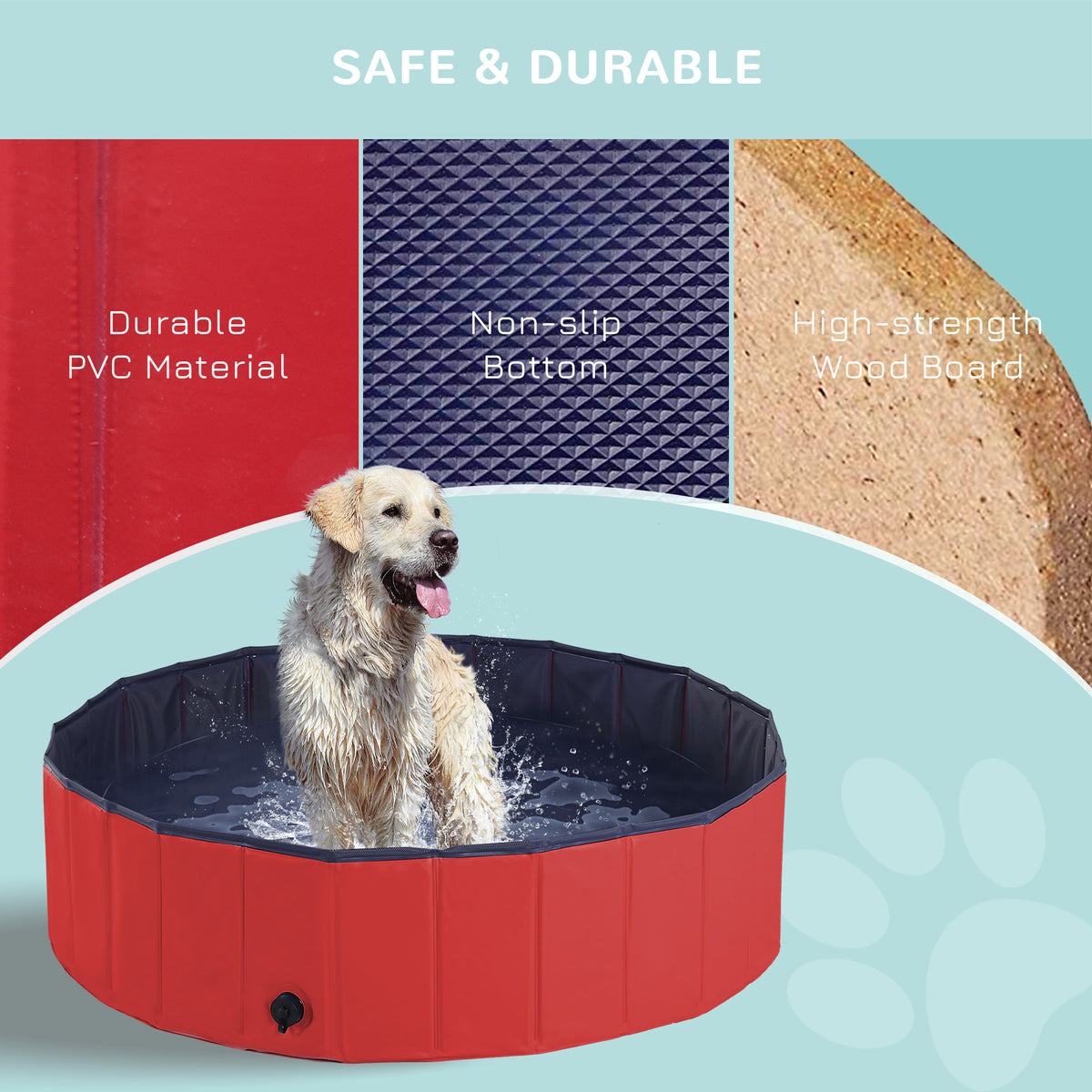 PawHut Foldable Dog Pool for Puppies and Ducks, Thickened PVC Dog Paddling Pool Bath Tub Hard Board, Anti-Slip Bottom and Drainage Hole, 120 x 30cm, Red and Blue